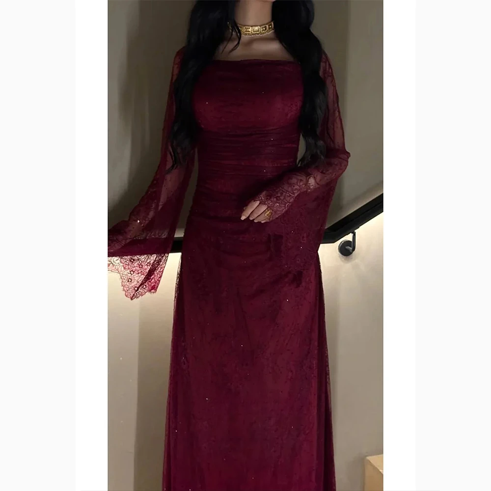

Exquisite Red Evening Dress Floor Length Long Sleeves Lace Pearls Evening Gown Fashion Straight Party Dress Customized 2026