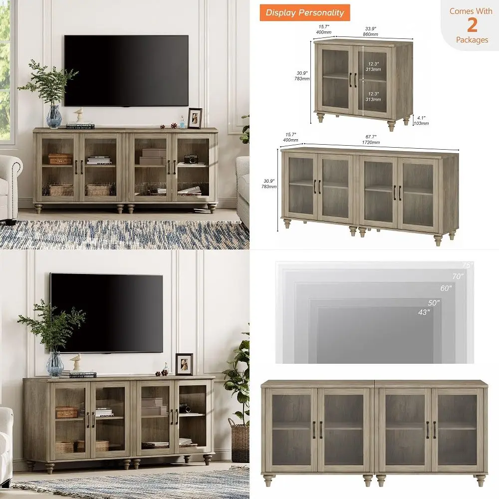 

Farmhouse TV Stand for 75 inch TV with 4 Glass Doors, Wood Universal TV Stand with 4 Storage Cabinets, Grey Entertainment Cente