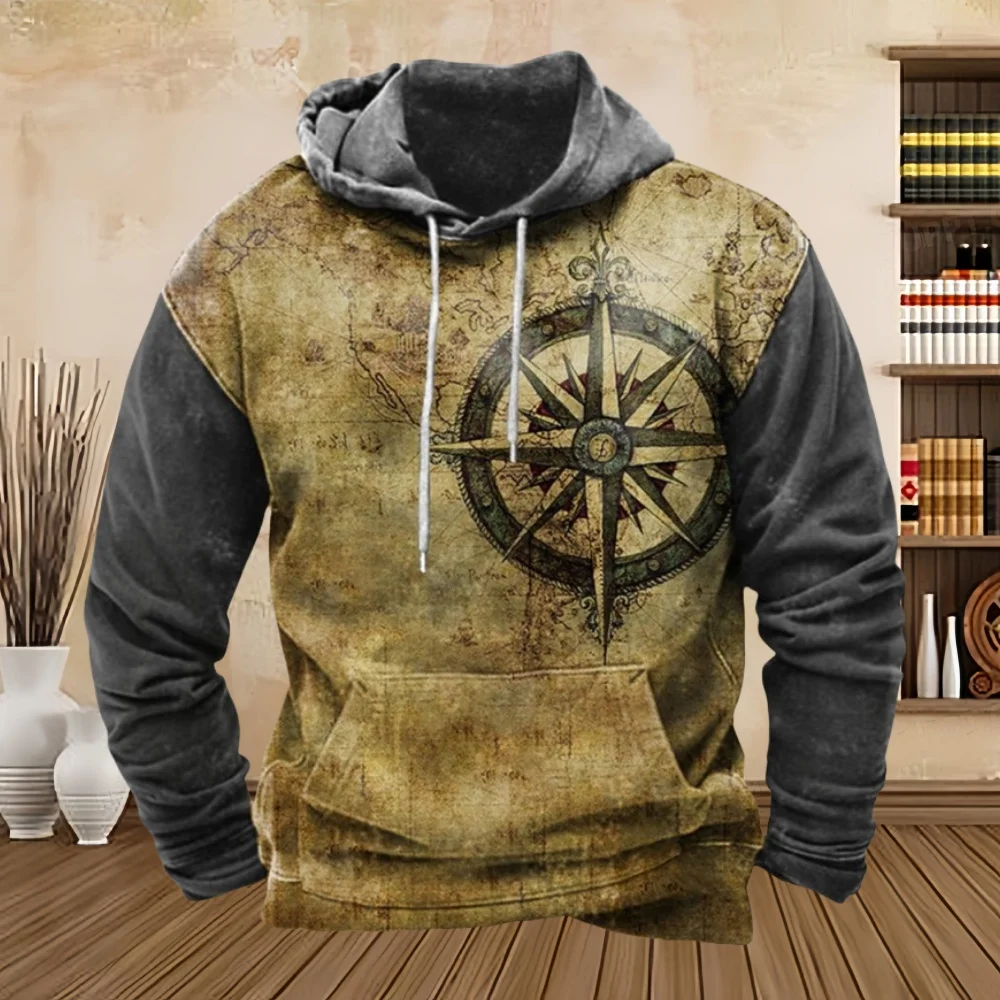 Vintage Compass Graphic Hoodies for Men Long Sleeve Pullover Sweatshirt Tops Full Print Vintage Hoodie Streetwear Men's Clothing