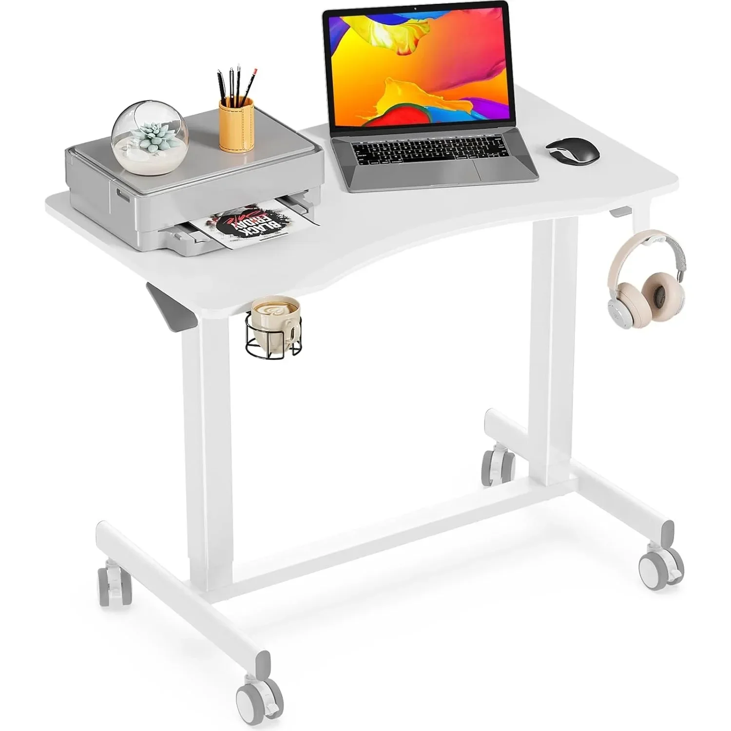 Small 35-inch mobile standing desk with curved top, adjustable pneumatic height, can hold 33 pounds, with hooks and cup holders