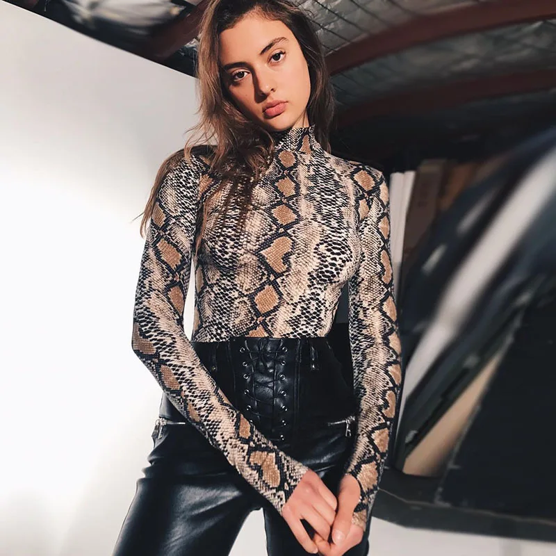 Sexy InstaHot Snakeskin Bodysuits Women Snake Skin High Turtleneck Long Sleeve Python Fashion Spring Rompers Playsuit Lady