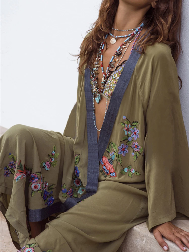 Vestidos Boho Hippie Chic Vintage Floral Embroidery Cardigan Beach Trip 2025 Kimono Pareo Long Sleeve Cape Cover Maxi Dress