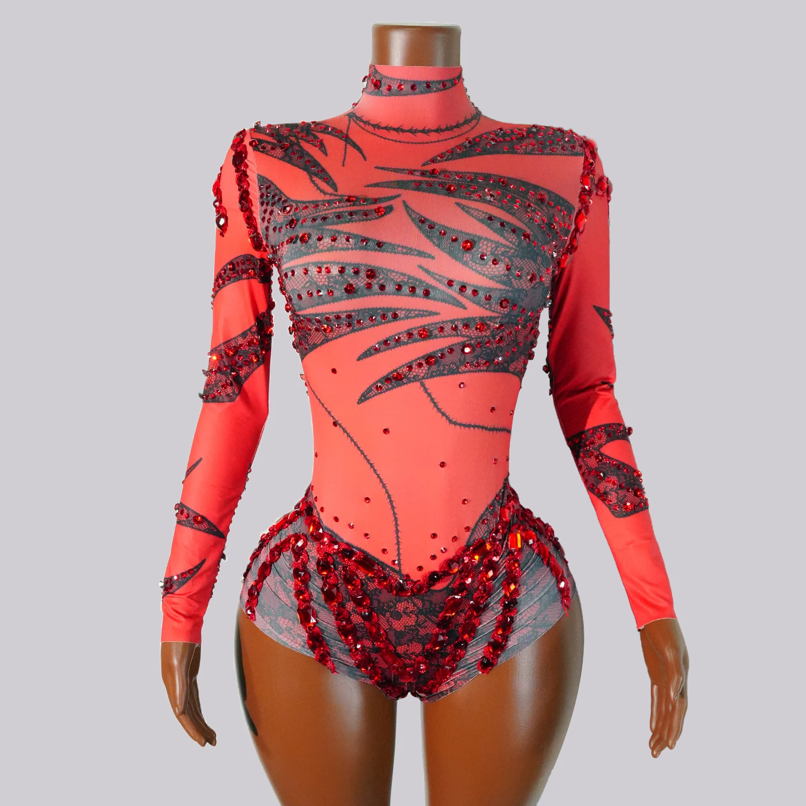 セクシーな赤いクリスタル長袖ボディスーツプリントパフォーマンスドラッグクイーン衣装ポールダンスフェスティバル誕生日歌手ゴーゴスを祝う