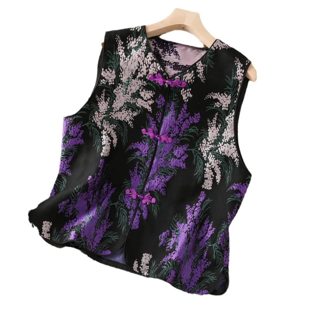 

Women's Purple Chinoiserie Literary Classical Vest Spring Summer Slit Jacquard Buckle Design New Style