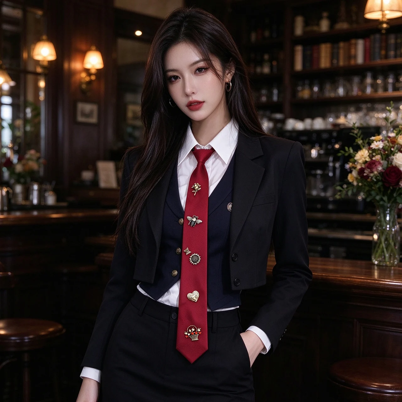 Temperament Alloy Vintage Flower Fabric Tie Black Bee Insect Rhinestone Necktie Trendy Elegant Style Jewelry Female Accessory