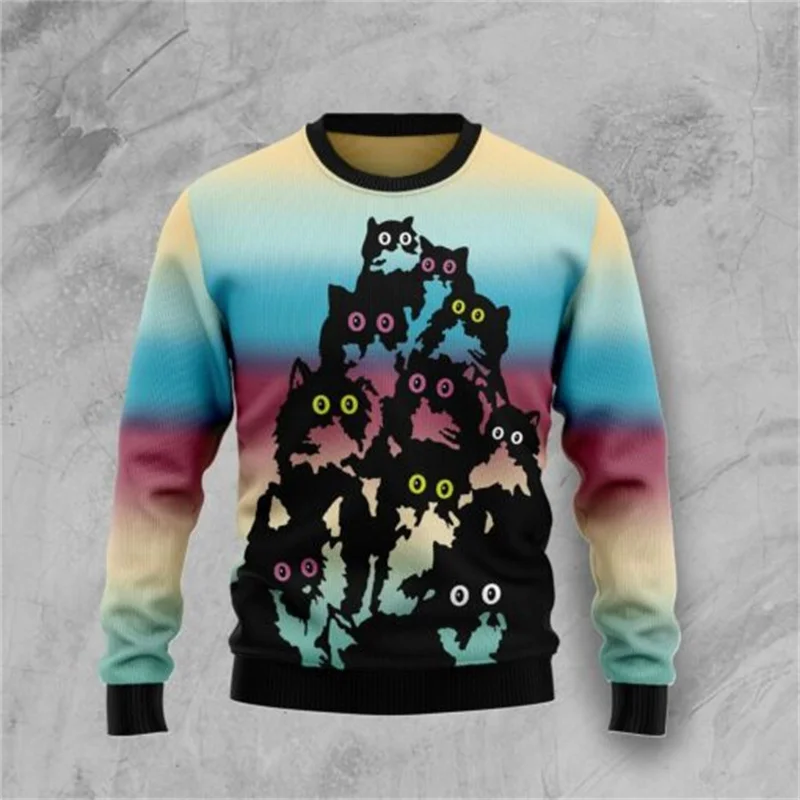 Funny Cats Sweatshirt Christmas Halloween Tops 3d Printed Men Women Ugly Sweatshirt Round Neck Pullover Winter Oversize Tops