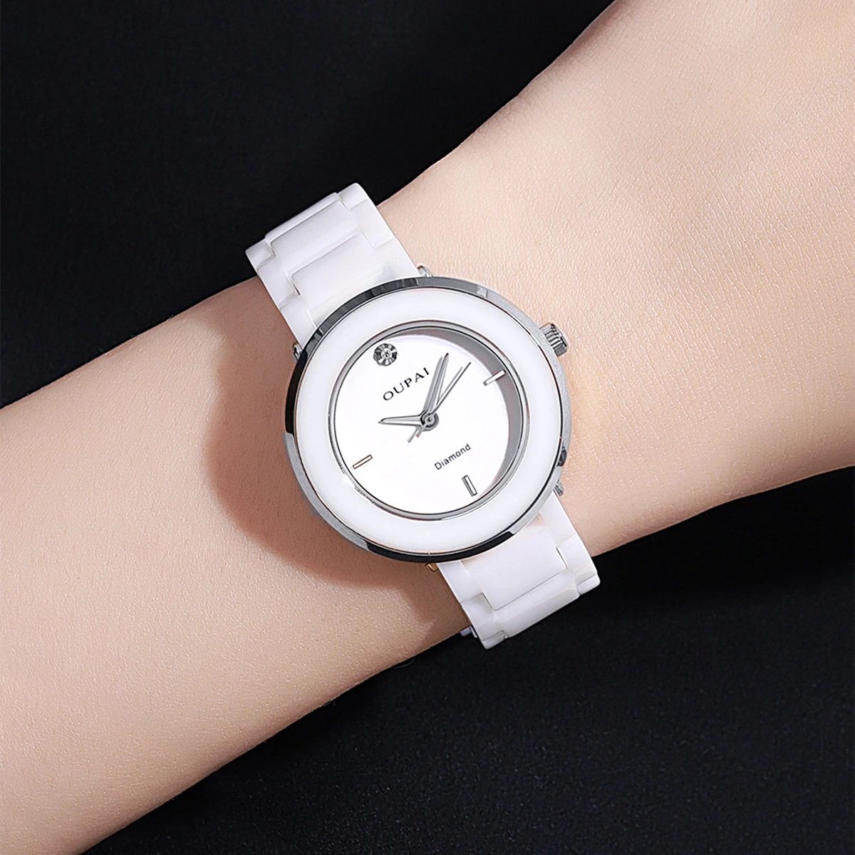 Oupai round shape elegant white ceramic strap watch women\'s quartz set diamond scratch resistant fashion simple women\'s watch