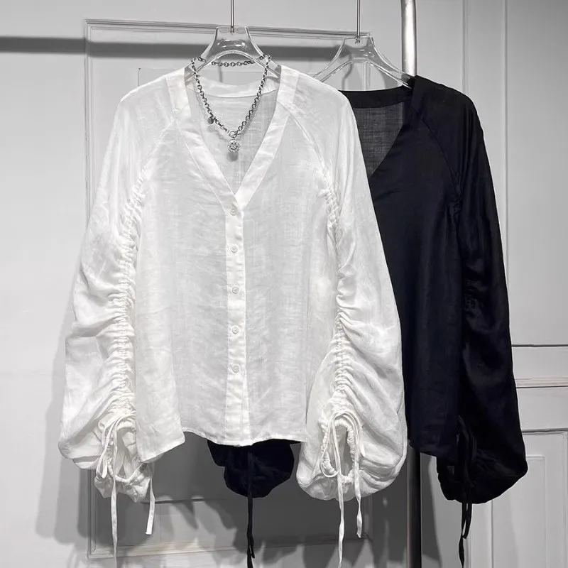 

plus Size 300 Pounds V-Neck Shirt Men's Loose Fit Spring Autumn Old Money Style Drawstring Design Breathable Antibacterial