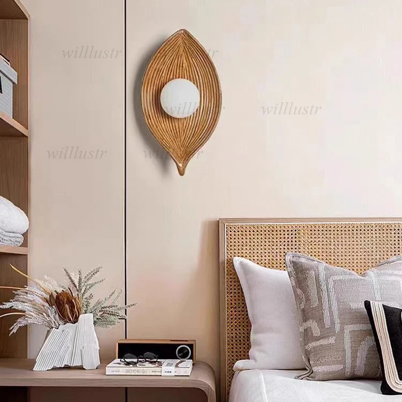 

Zen Black White Resin Sconce Creative Wood Color Boat Light Leaf Wall Lamp Retro Homestay Corridor Hotel Cafe Bar