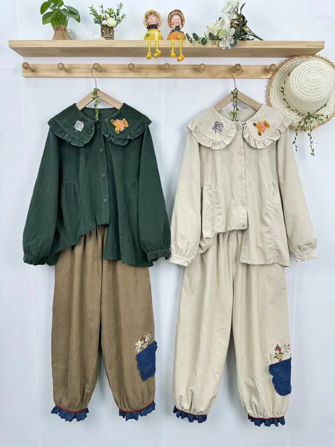 

Thiened Long Sve Embroidered Bear Doll Collar irt Women's Loose Fit Cotton Velour Casual Sle plus Size Top
