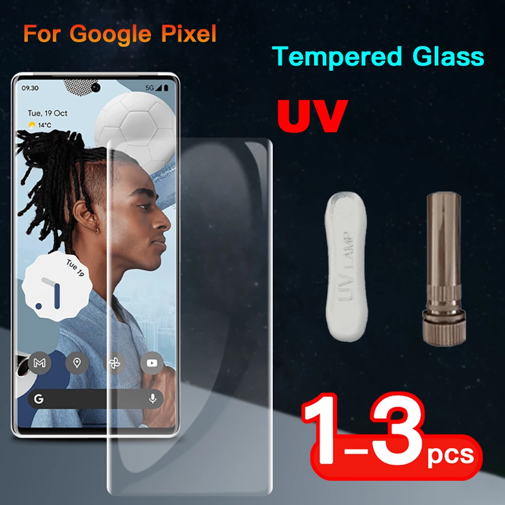 

1-3PCS UV Tempered Glass For Pixel 8 7 6 Pro Full Cover Glue Curing For Google Screen Protector