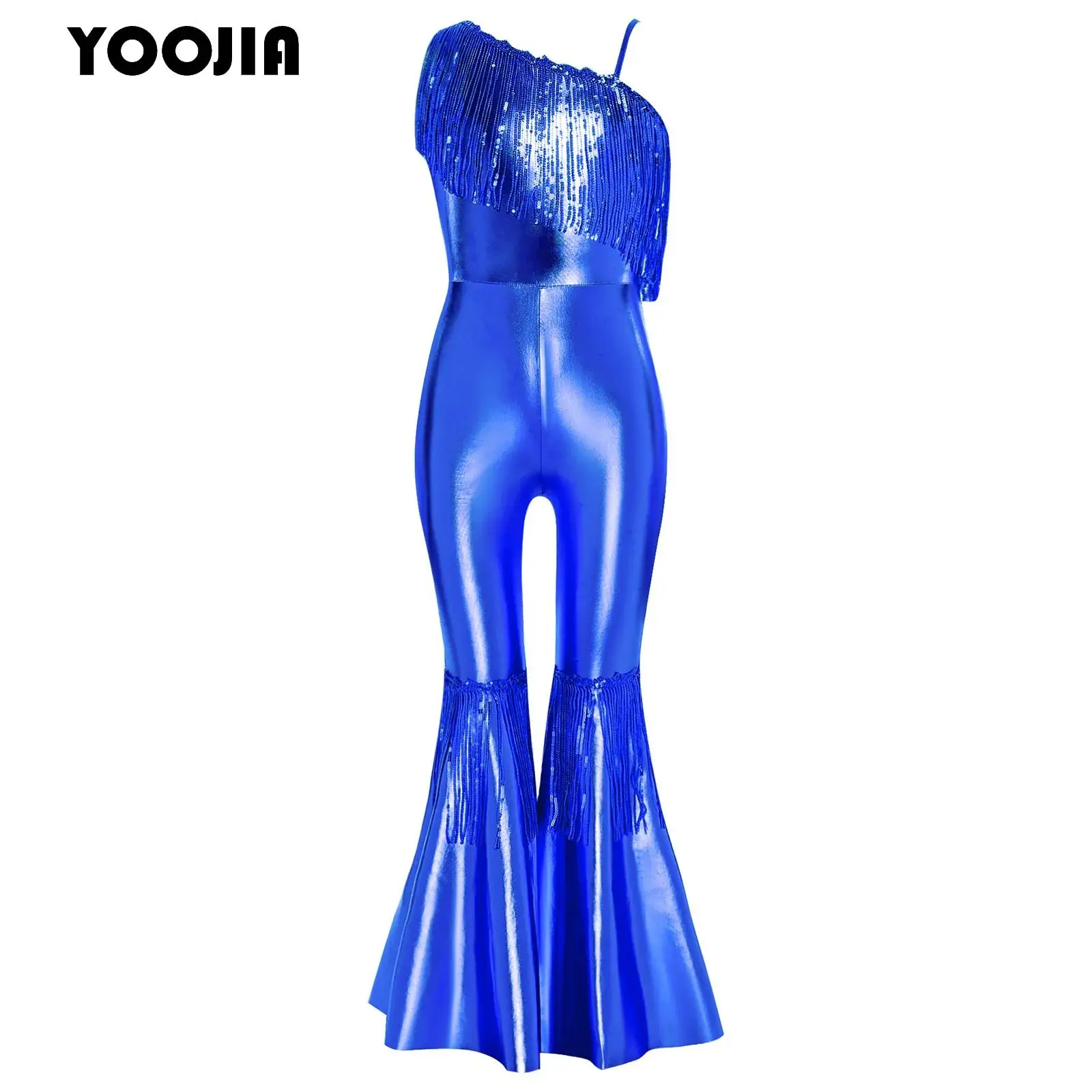 

Kids Girl Shiny Halloween Hippie Costume 70S Prom Disco Vintage Flare Jumpsuit Metallic One Shoulder Bell Bottom Bodysuit Outfit