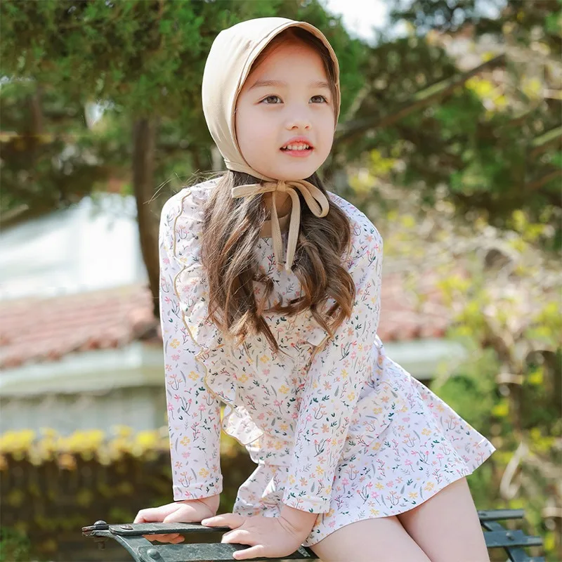 2026 Children's Swimsuit Girls Split Sunshade Long-sleeved Baby Sunscreen Quick-drying Swimsuit Floral Swimwear Set 2-9T