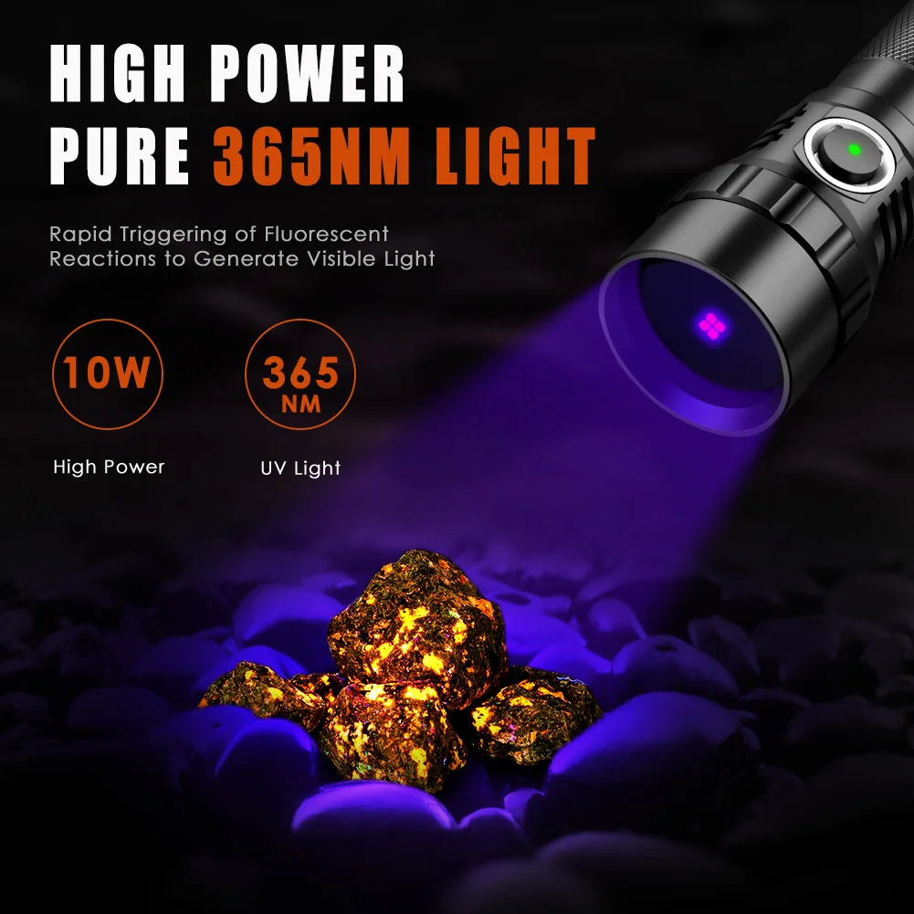 UniqueFire 10W 365NM Black Light LED Flashlight Type-C Rechargeable Ultraviolet with Filter-Detector for Resin Curing, Pet Urine