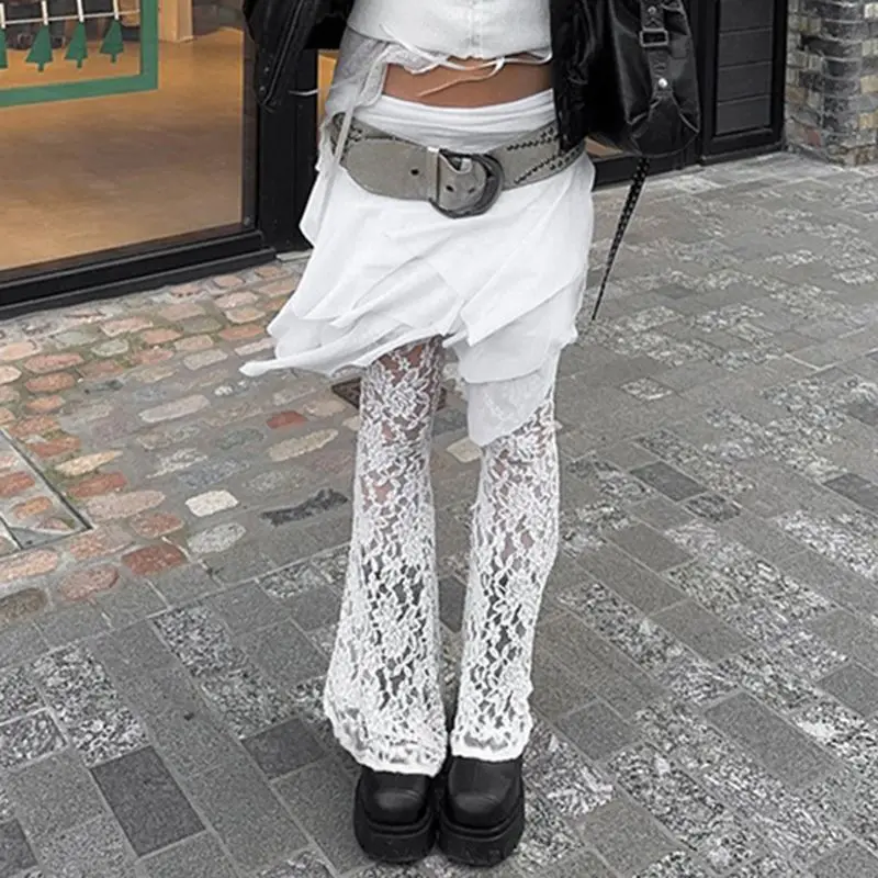 Hot Chick Design Gothic Lace Mesh Flared Pants Sexy Aesthetic See Through Long Trousers Vintage Women 2024 Summer Fairy