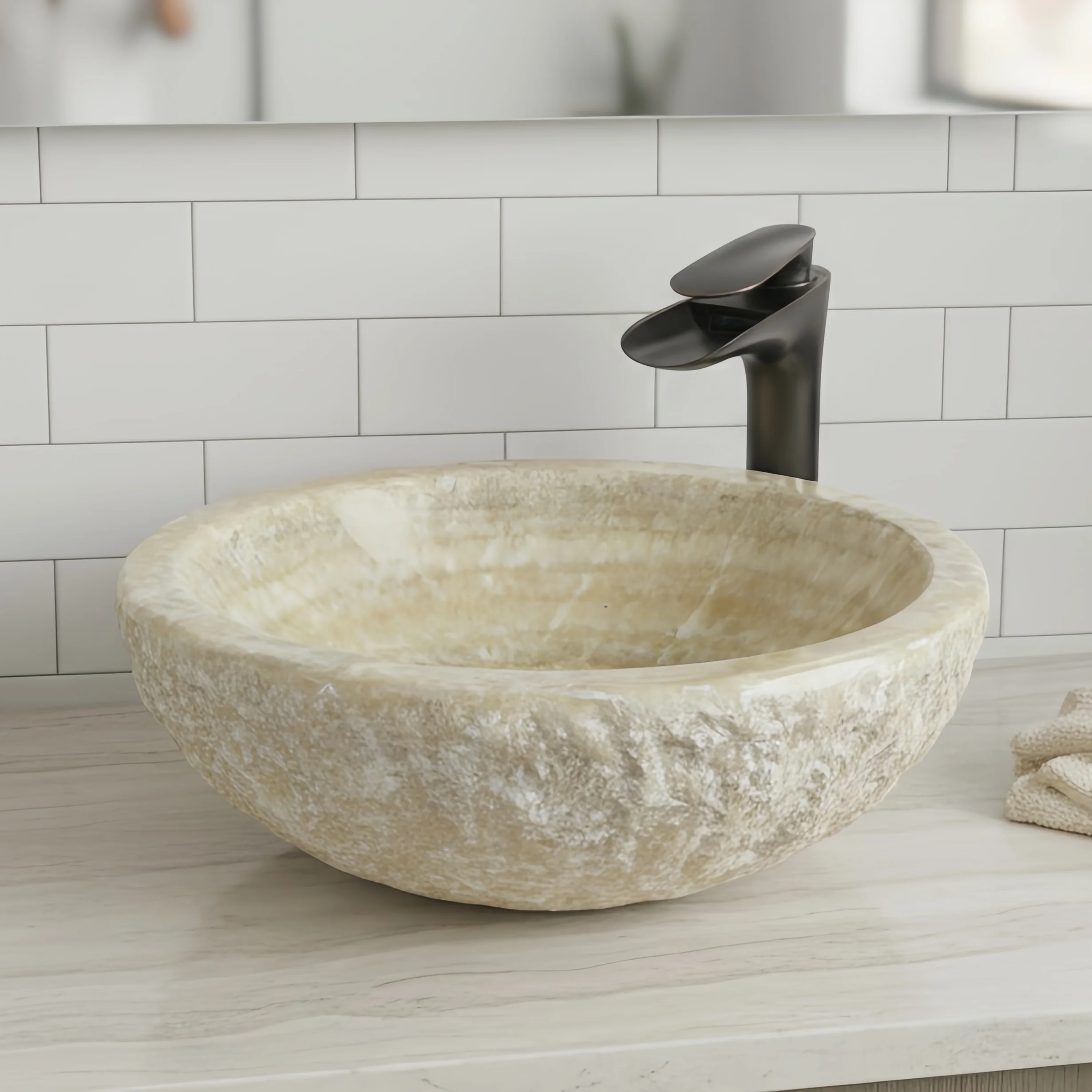

#P Modern Polished Yellow Onyx Stone Wash Basin Bathroom Sink Art Countertop Sink with Easy Clean Feature for Villa & Hotel Use