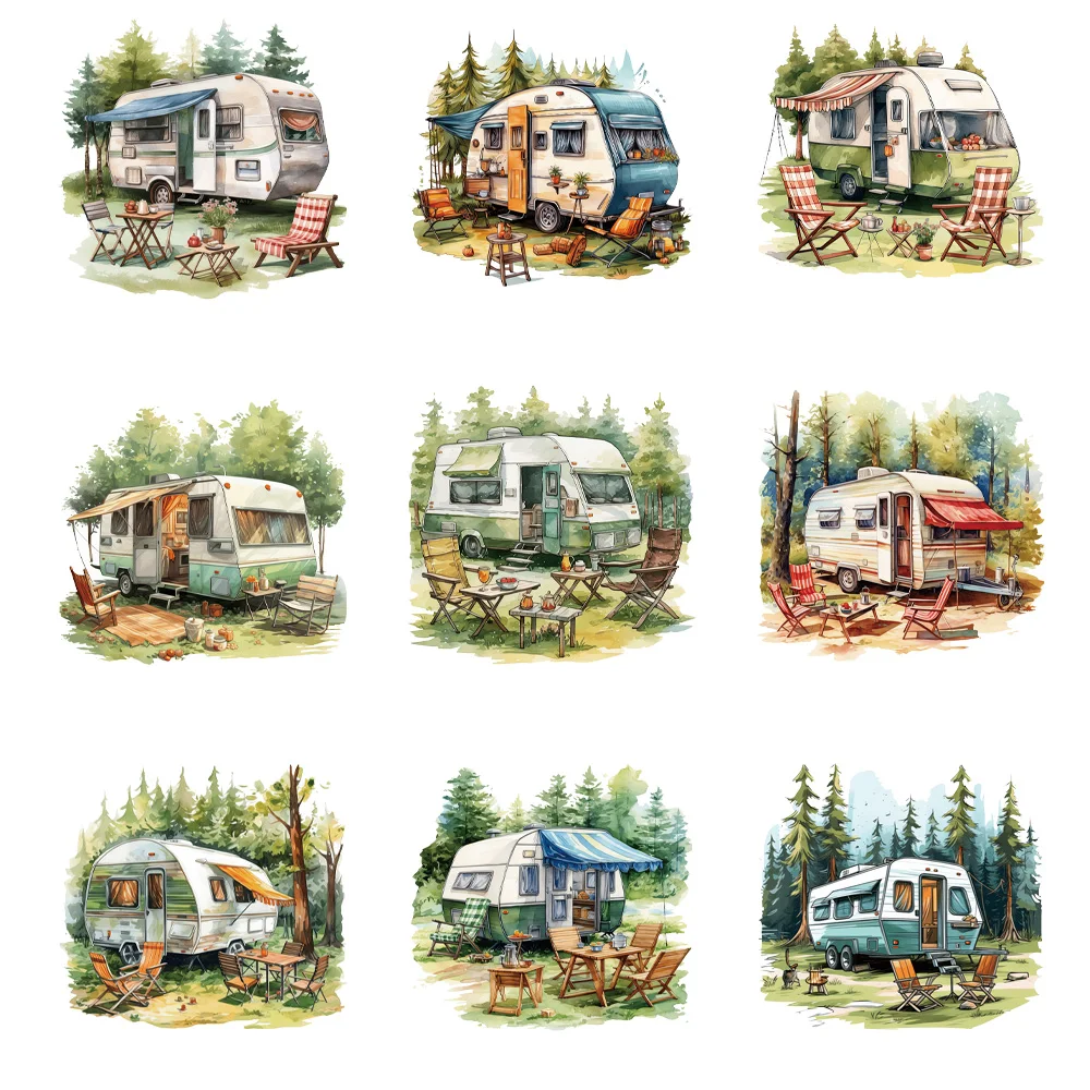 Verão condução e Camping adesivos térmicos, sem água de lavagem Patches, DIY T-Shirt Applique, ferro em adesivos, 9 pcs