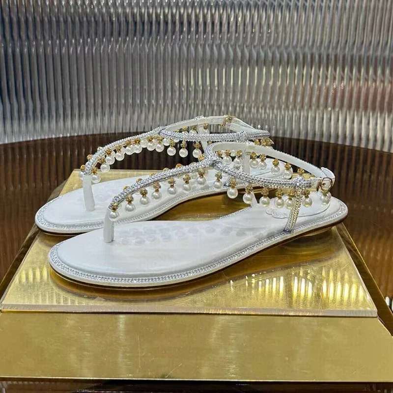 الصنادل سلسلة حبة حجر الراين ديكور الكاحل حزام Sandalias الصيف المرأة قرصة تو الجلد الحقيقي شقة القاع عطلة الأحذية