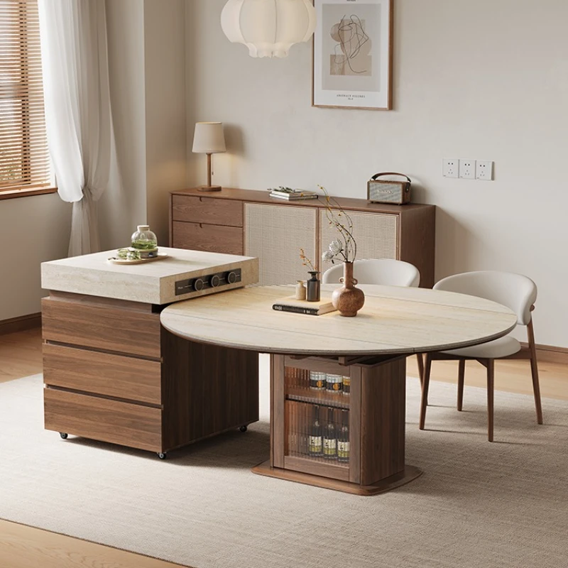 

Dual-purpose island dining table integrated retractable folding household round table antique multi-function can be separated