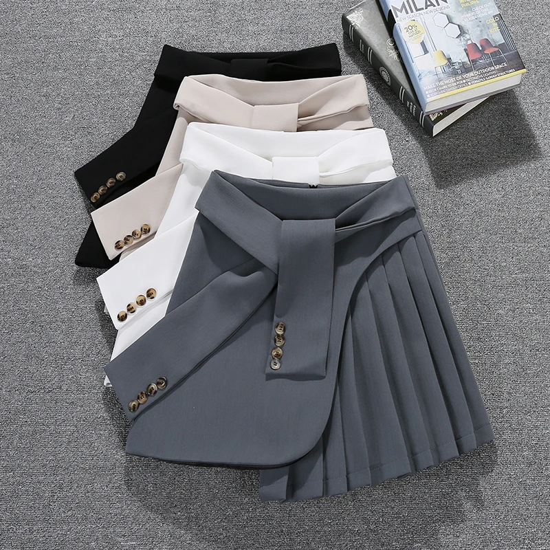 Elegant Asymmetrical Skirt Women Spring Summer High Waist Mini Skirts Sexy Woman Korean Solid Color Black White Pleated skirt