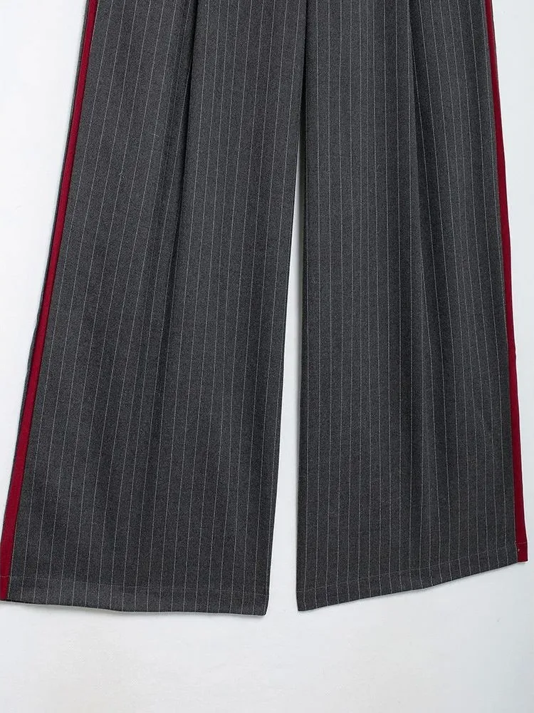 Women's Versatile Color Block Thin Stripe Straight Casual Pants Street Style Asymmetric Trousers Natural Waist Long Polyester...