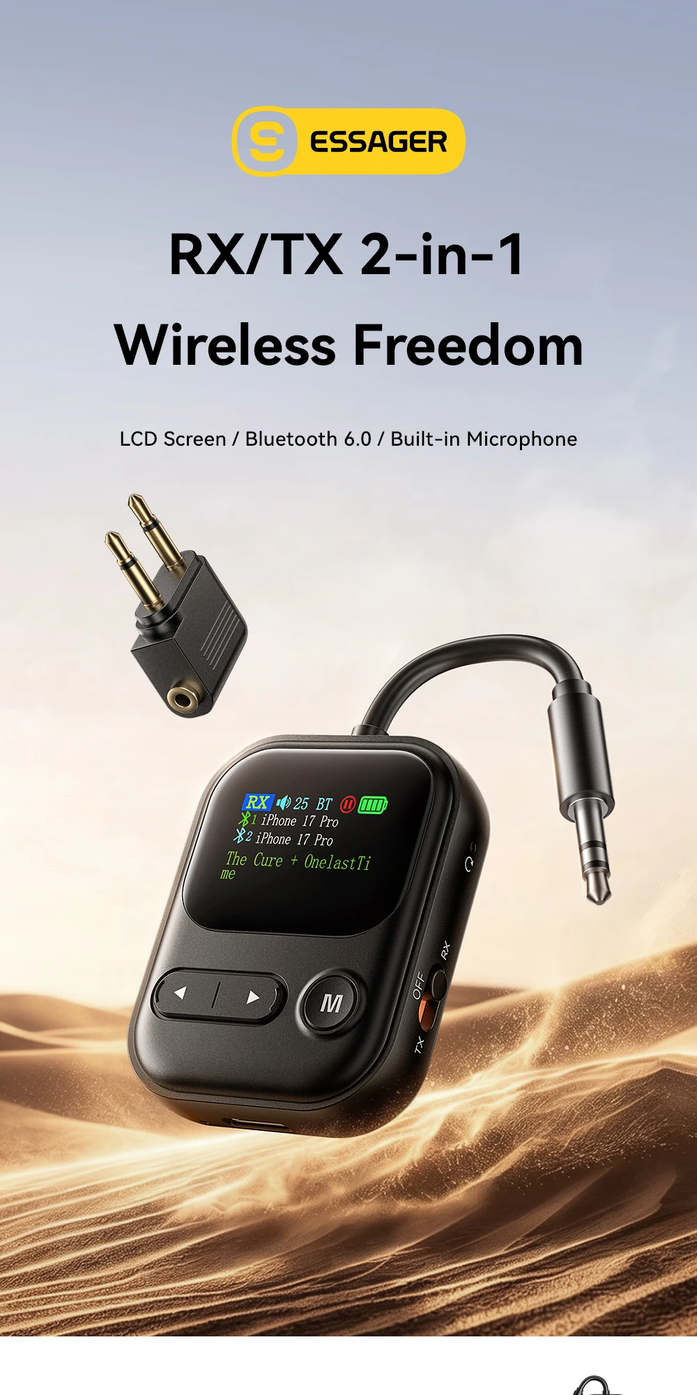 Essager Bluetooth 6.0 Audio-Sender-Empfänger 2 IN 1 RT/TX-Adapter 3,5 mm mit Mikrofon LCD-Display für Lautsprecher, Auto, TV, PC, Flugzeug – Detail 1