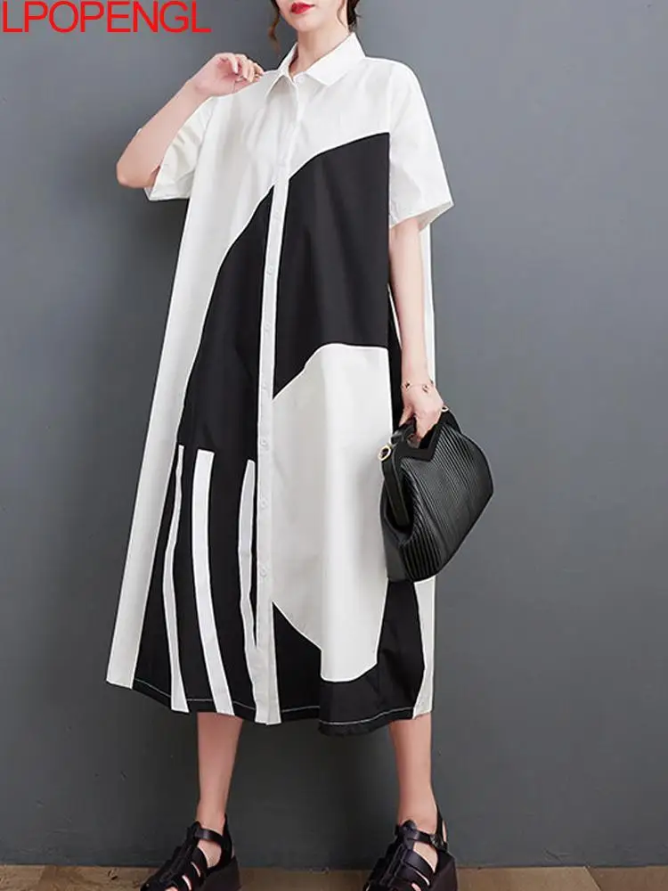 Korean Fashion Lapel Print Short Sleeved Patchwork Dress Women Summer New Single Breasted Color Blocking Mid Length Shirt Dress