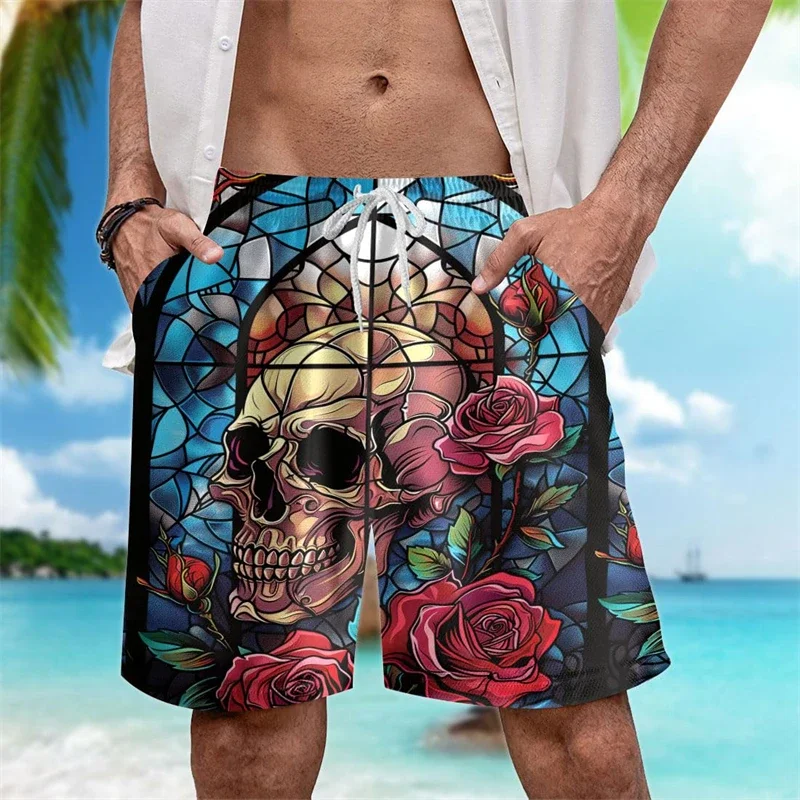 남성용 스컬 반바지, 여름 스트리트웨어, 3D 프린트 반바지, 쿨, 오버사이즈, 힙합, 수영복