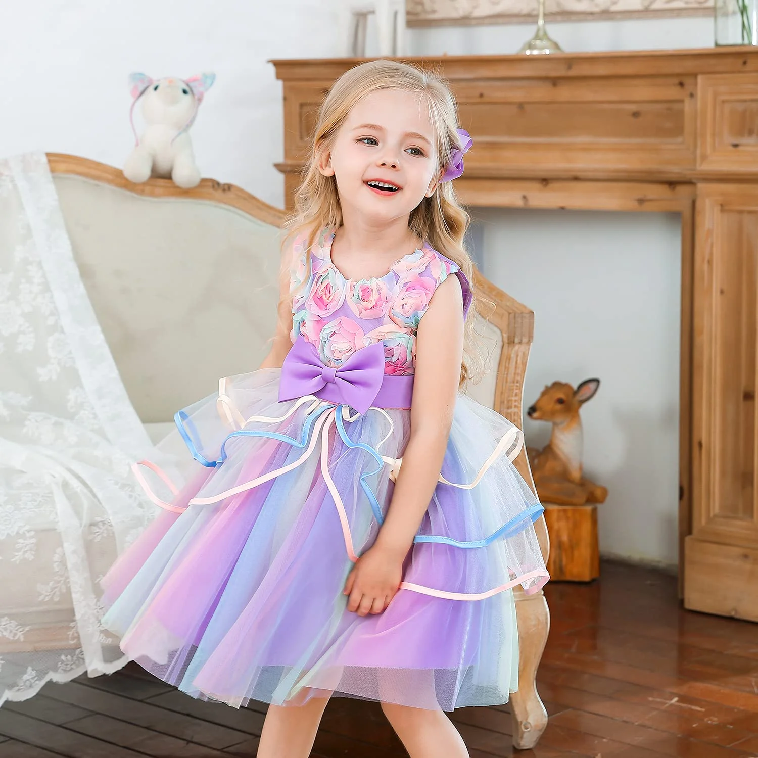 Girls flower girl dress rose rainbow tulle tutu skirt toddler girl sleeveless princess dress holiday birthday party bow dress