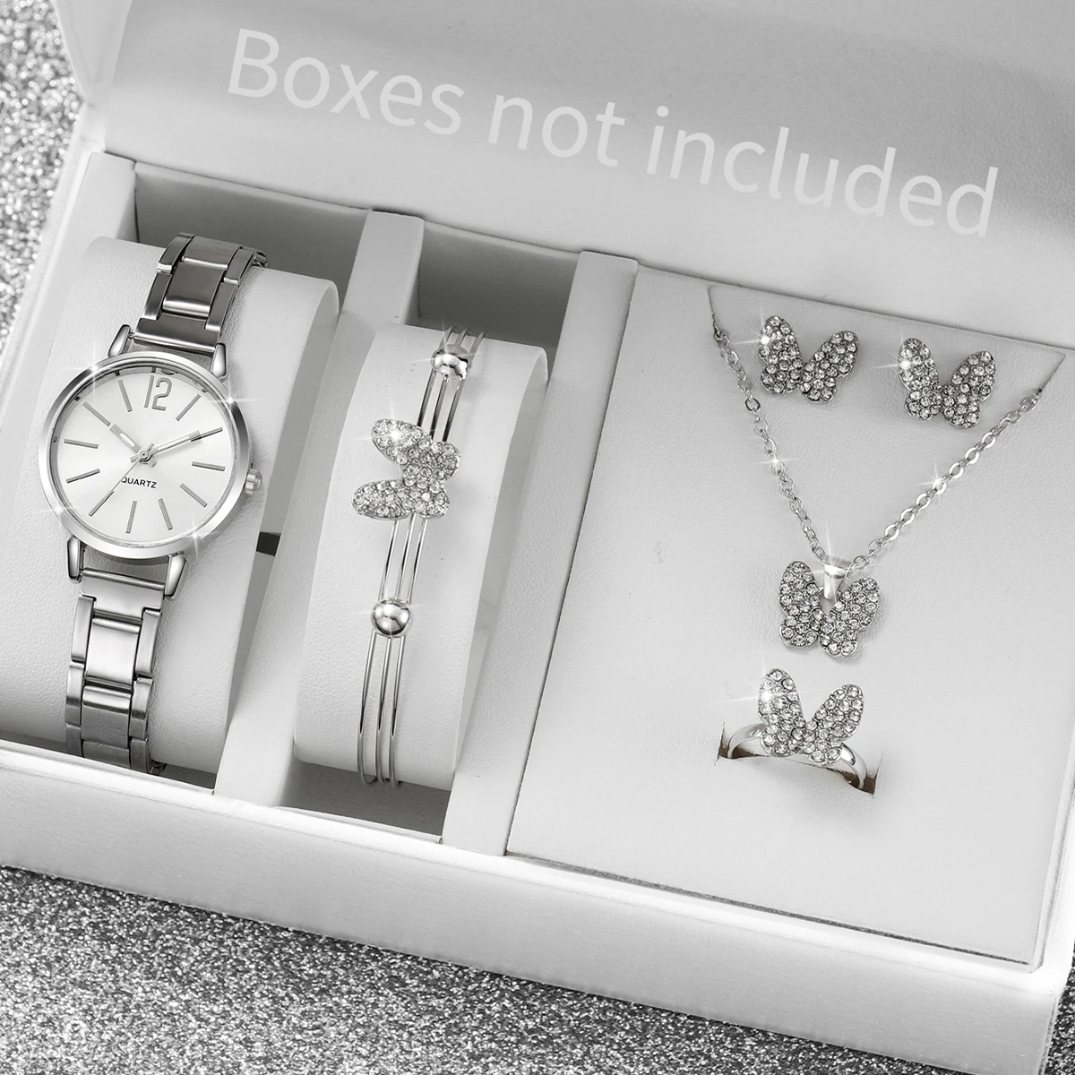 6PCS/Set Fashion Women Watches Simple Dial Silver Steel Band Ladies Dress Watch Reloj Mujer Jewelry Set（Without Box）