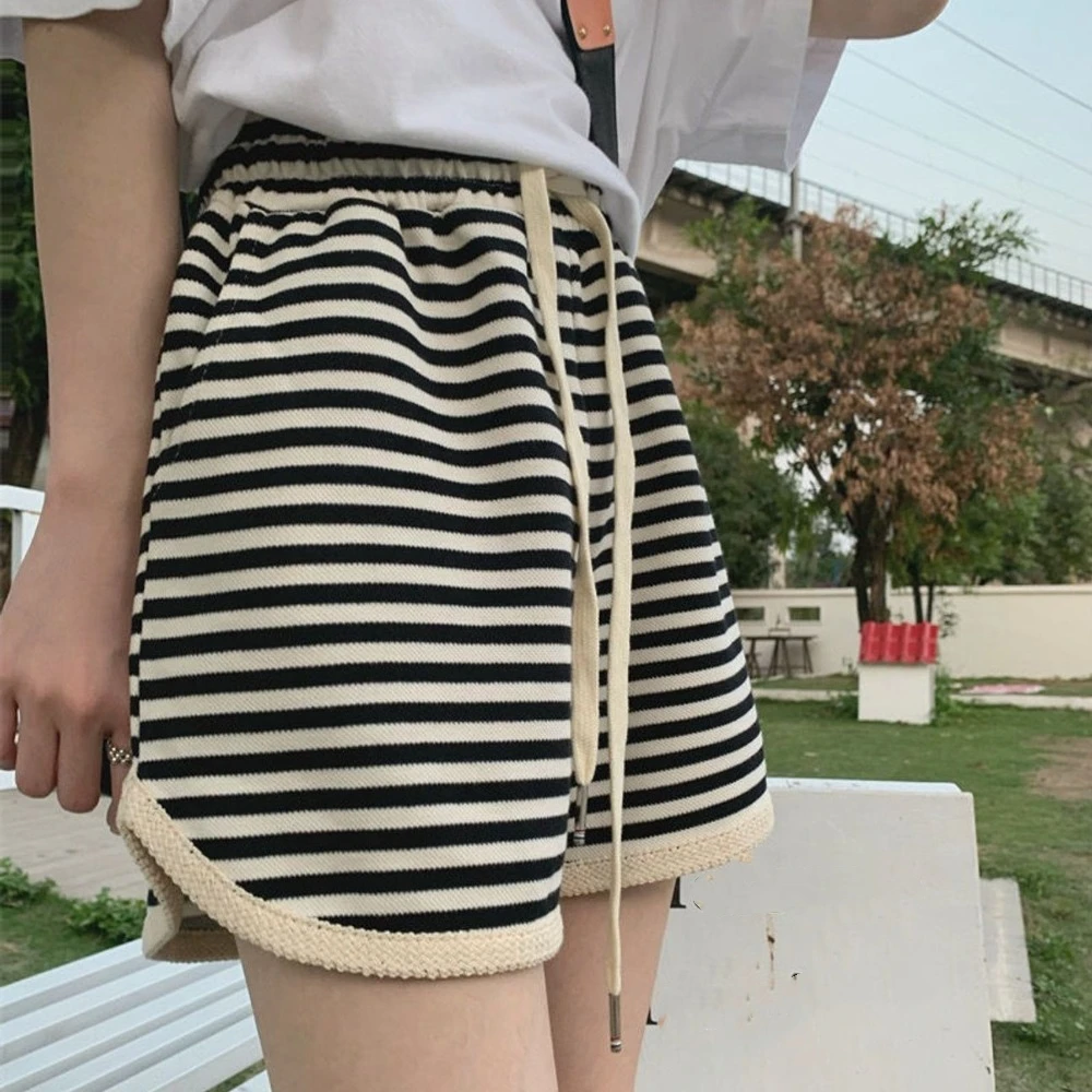 

All Match Loose Stripe Short Pants with Pocket Lace Up High Waist Shorts Drawstring Causal Stripe Wide Leg Shorts Sports