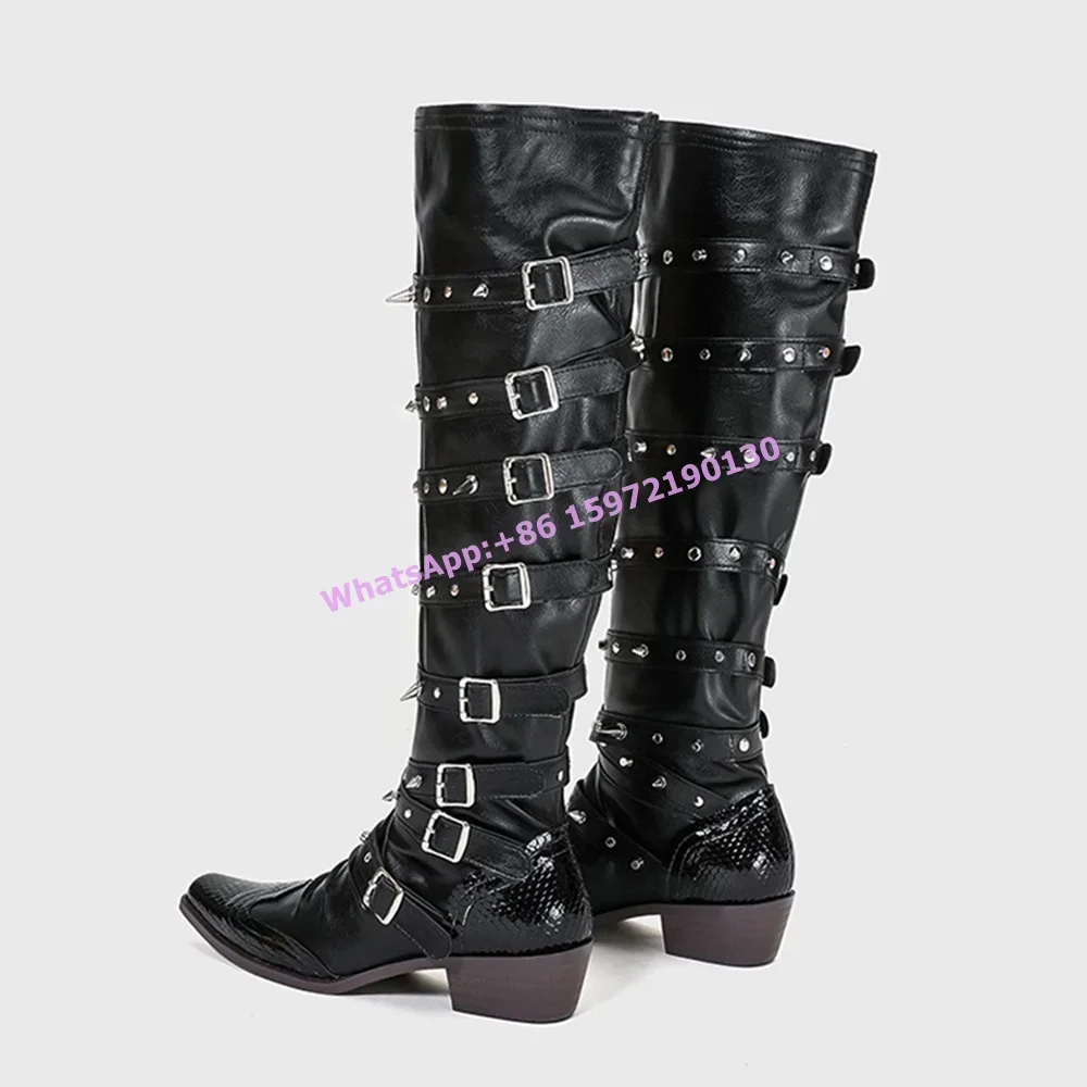

Сапоги до колена с заклепками и пряжкой, черные рыцарские туфли без шнуровки на массивном каблуке со змеиной кожей, крутая модная обувь Y2K, 2025 г.