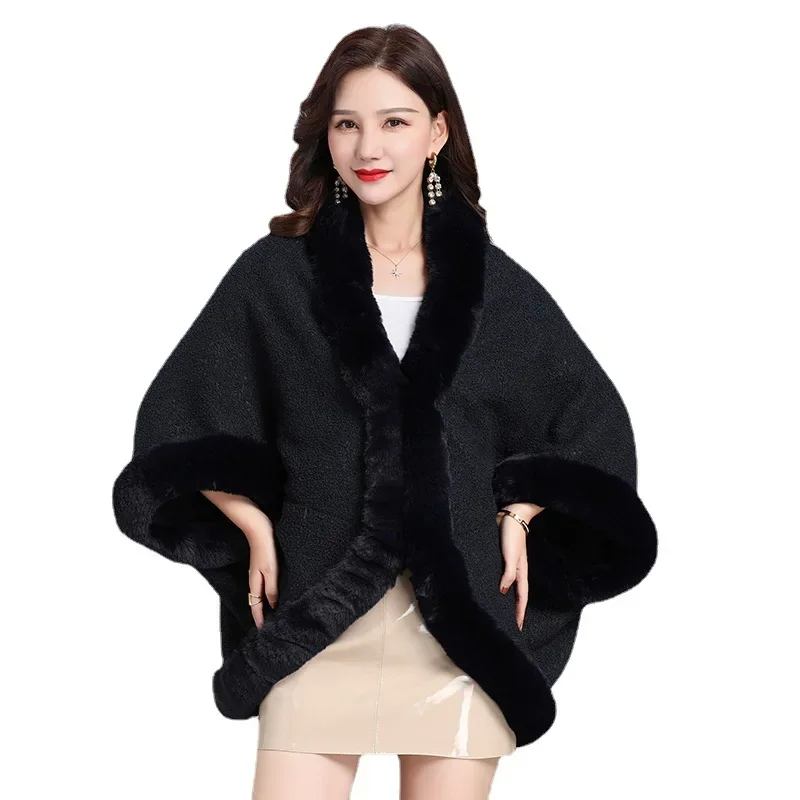 6 farben Winter Frauen Kurze Streetwear Mantel Faux Kaninchen Pelz Kragen Granulat Samt Cape Poncho Batwing Ärmeln Lose Mantel