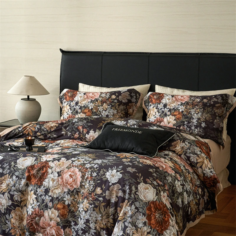 Flowers Prints Luxury Bedding Set Lyocell Cotton Brushed Duvet Cover Flat/Fitted Bed Sheet Pillowcases 4Pcs