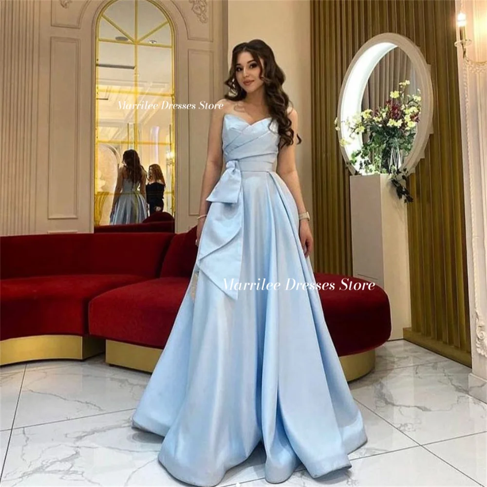 Marrilee Sky Blue Strapless Sweetheart Stain A-Line Evening Dress Elegant Sleeveless Floor Length Pleats Lace Up Prom Party Gown