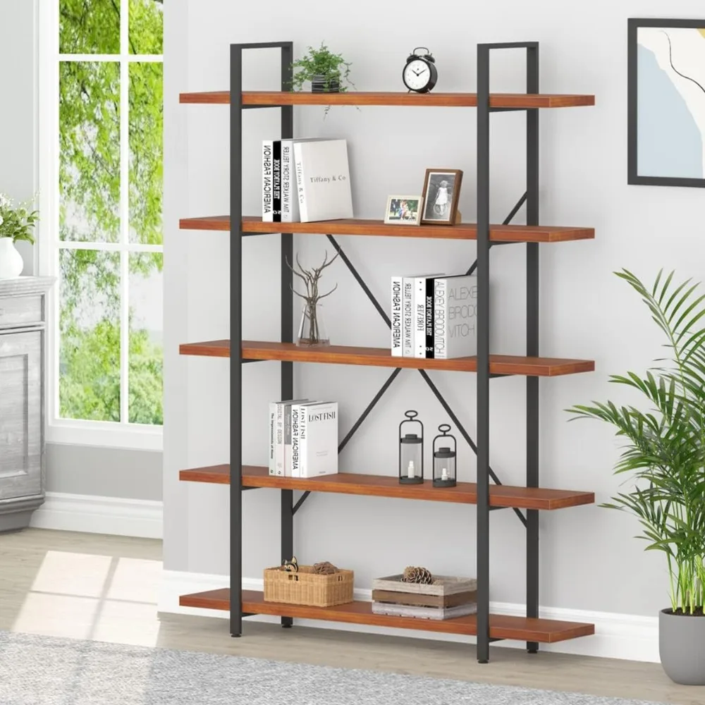 

Solid Wood 5 Shelf Bookshelf, Industrial Real Natural Wood Tall Etagere Bookcase, Modern Large Open Wide Big Metal Book Shelf w