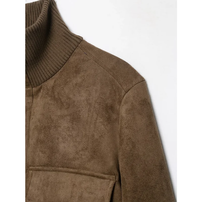 Damen-Jacke aus Wildlederimitat, Herbstkollektion, mit geripptem, hohem Kragen, Reißverschluss, langen Ärmeln und Taschen, kurze Vintage-Oberbekleidung. – Detail 22