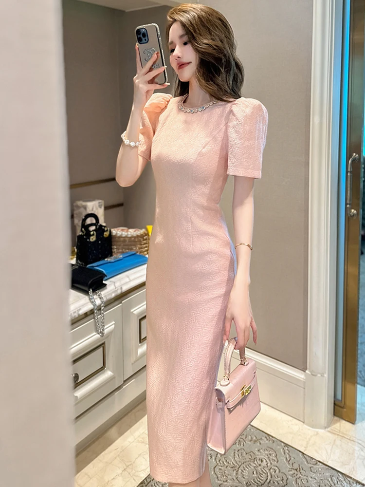 2023 Elegant Fashion Midi Dress Women Sweet Colorful Diamond Bubble Sleeve Split Robe Femme Party Banquet Vestidos Mujer Summer