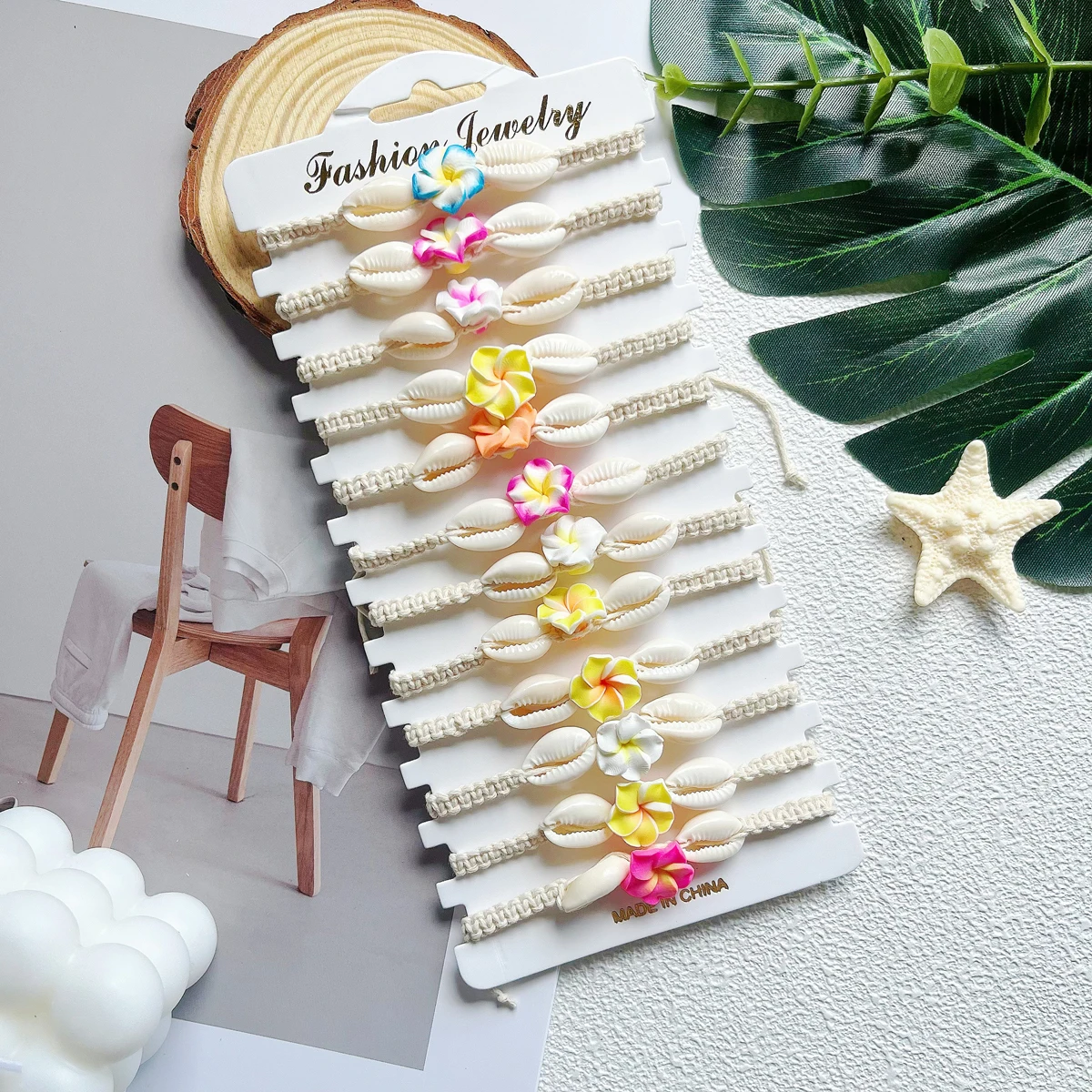 12 Pieces/Set Ocean Style Shell Mixed Color Flower Wax Thread Woven Bracelets Beach Party Jewelry Accessory Set
