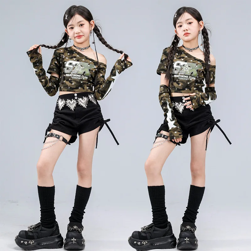 Kid Kpop Hip Hop Clothing Camo Sloped Shoulder Crop T Shirt Top Black Side Tie Shorts for Girl Jazz Street Dance Costume Clothes