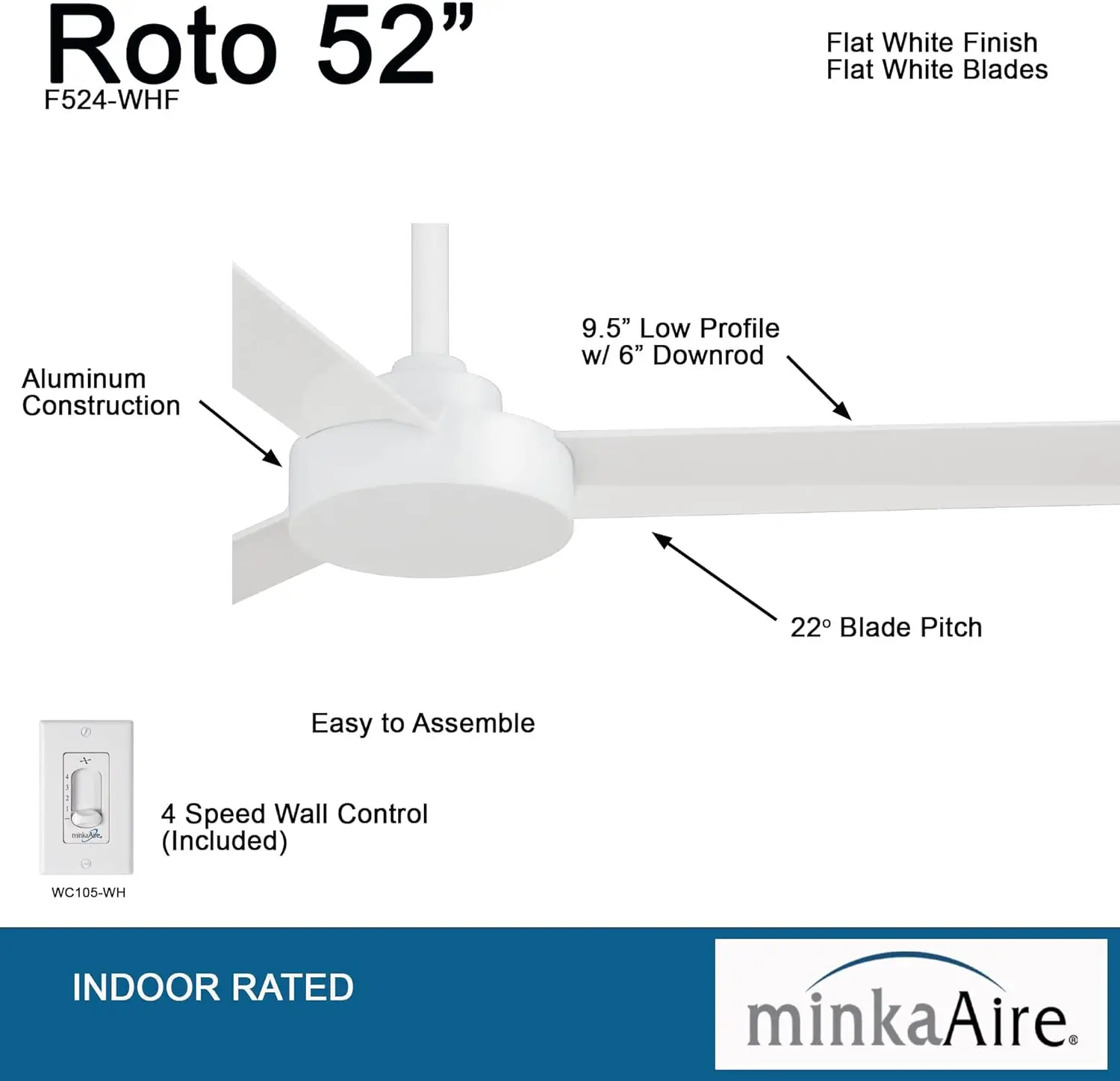 F524-WHF Roto 52 Inch Ceiling Fan 3 Blades in Flat White Finish