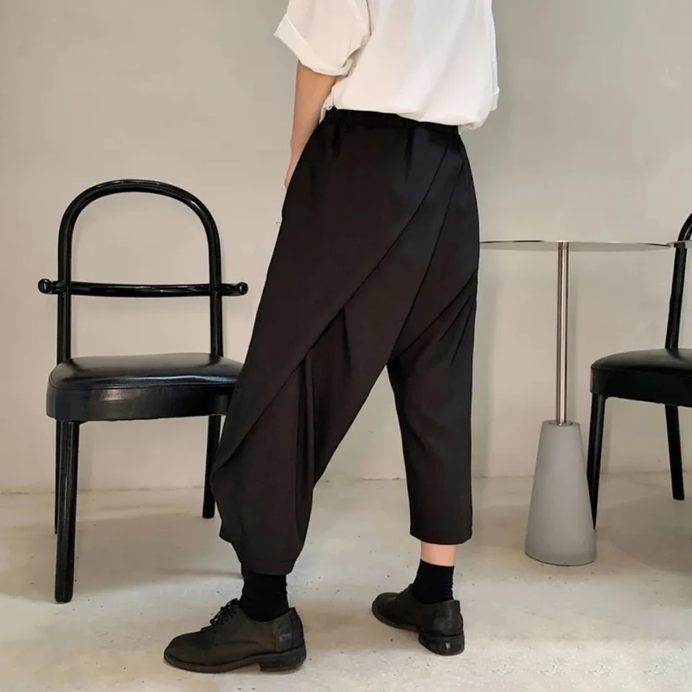 Men Double-Layer Irregular Pleated Wide-Leg Pants 2024 New Genderless Dark Style Retro Loose Solid Color Nine-Point Pants Unisex