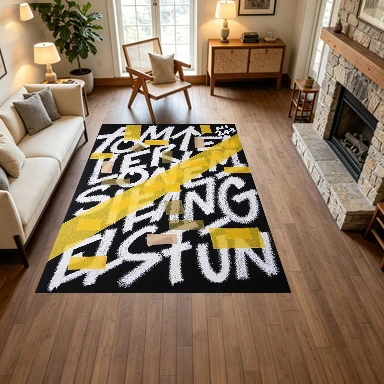 Black Background White Graffiti Text Yellow Tape Art Carpet Flooring, Modern Abstract Non-Slip Floor Rug for Living Room Bedroom Home Decoration
