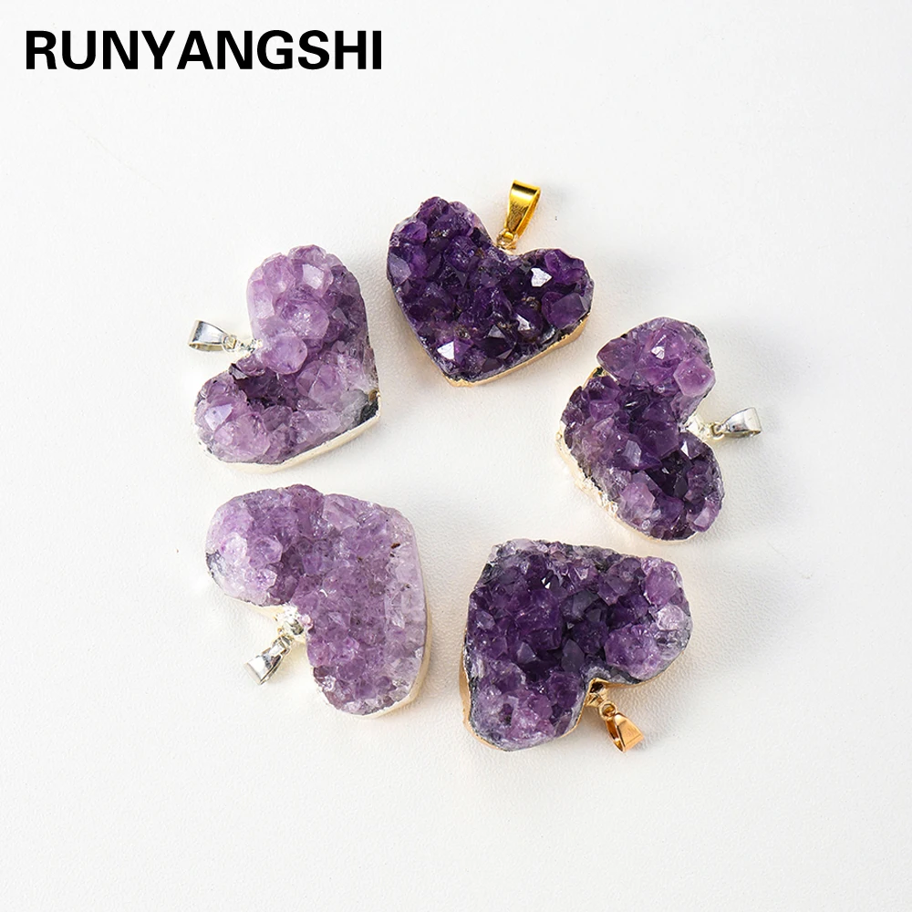 1pc Natural Healing Gemstones Pendant Electroplated Gold Edge Amethyst Heart Shape Necklace Charm Quartz Women Jewelry Gift