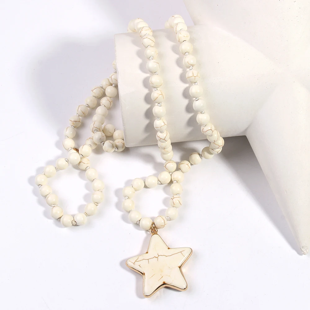 Fashion Bohemian Women Jewelry Turquoise/White Stone Long Knotted Necklace Star Pendant Necklaces for Women Gift