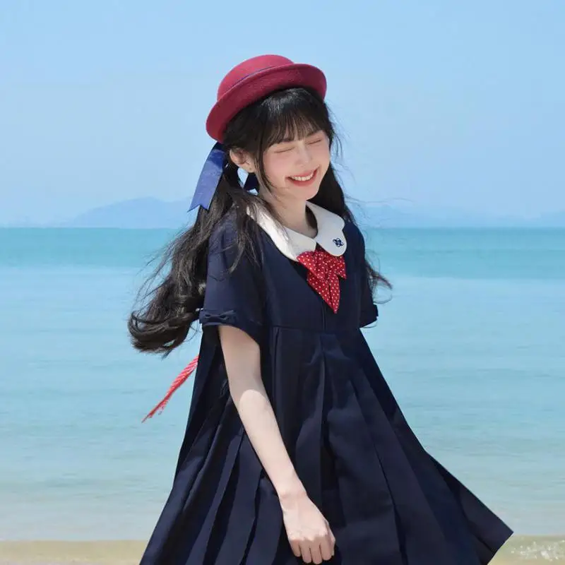 

Pre-sale 15days Harajuku Bowknot Dark Blue Uniform Card Milk Skirt Pleated Dress Short Sleeves Student Sweet Girl Birthday Gift