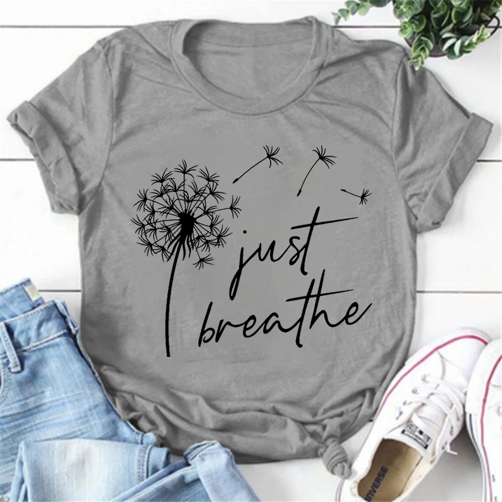 Cute Dandelion Just Breathe Printed T-Shirts Women Short Sleeve Funny Round Neck Tee Shirt Casual Summer Tops