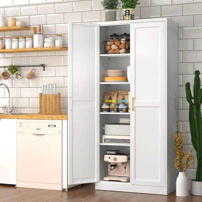 White Kitchen Pantry Cabinet, Pantry Storage Cabinet with Doors and Adjustable Shelves, Metal Food Pantry Cabinets with Handle