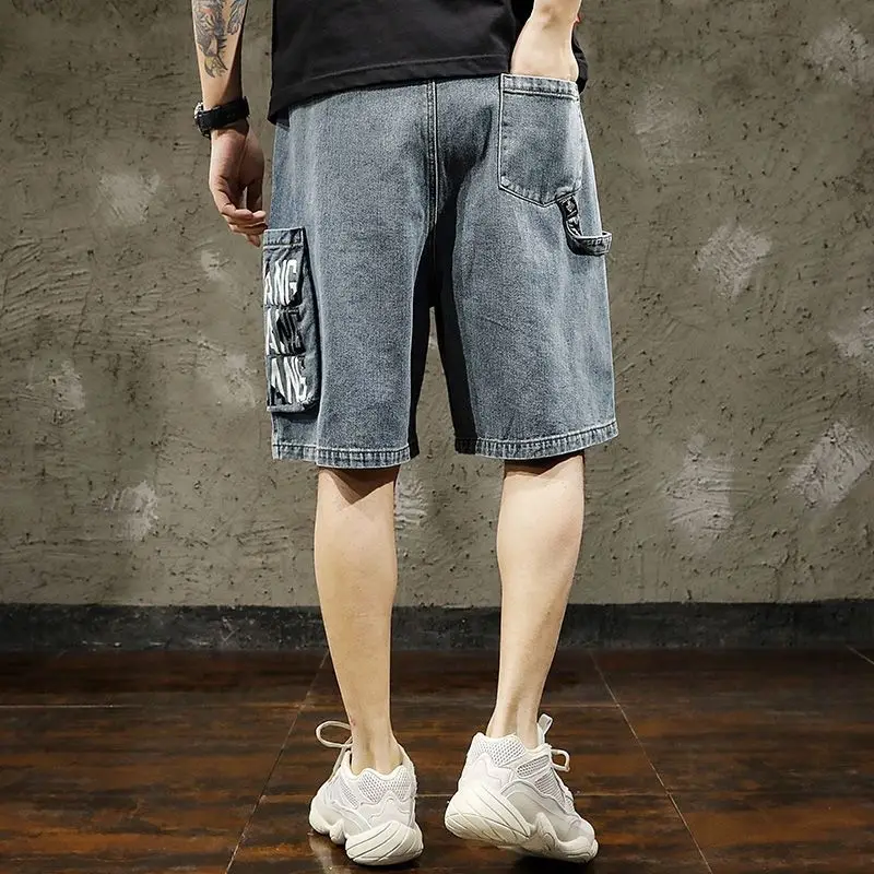 Calça média masculina estampada de bolso, elástico solto na cintura grande, tendência coreana, confortável com todos os fósforos, moda verão