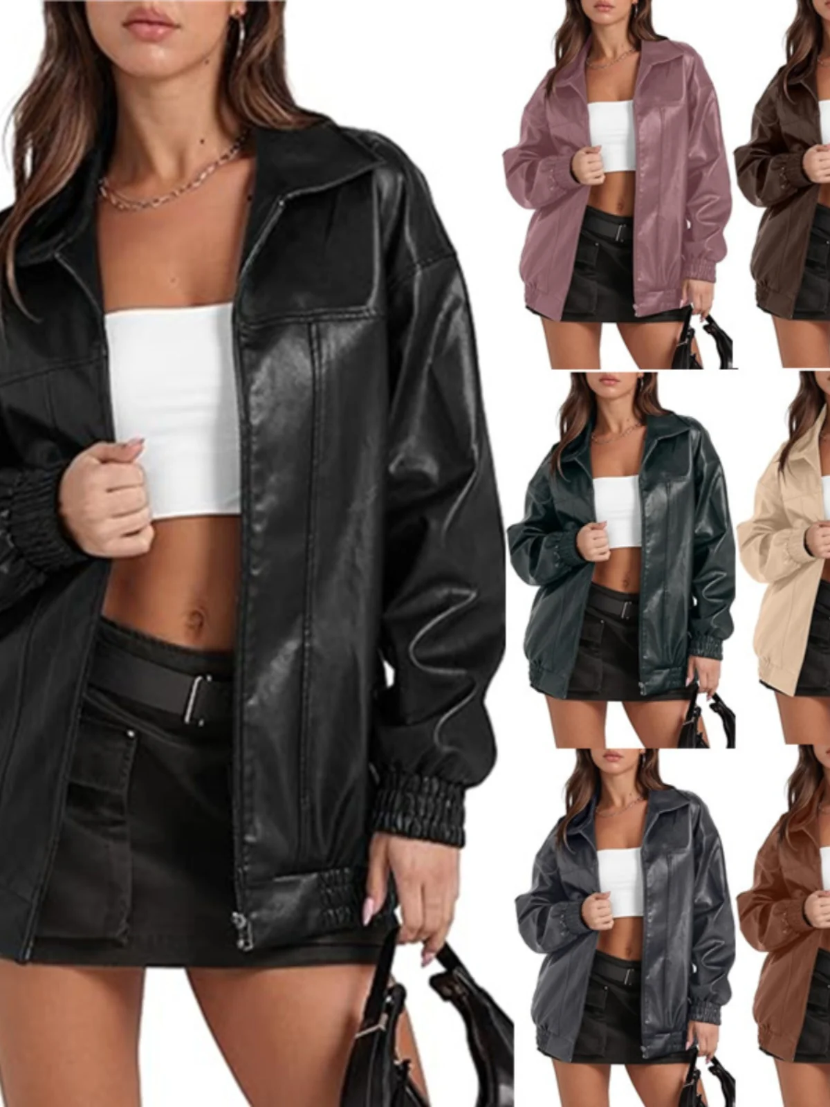 

Trendy PU Leather Biker Jaet Women's Street Sle Mid-Length Coat Slim Fit Casual Autumn Winter Faion Outerwear